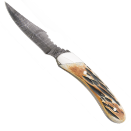 6 3/4 in. Genuine India Stag Bone™ Damascus Caper w/Leather Sheath – 5009D