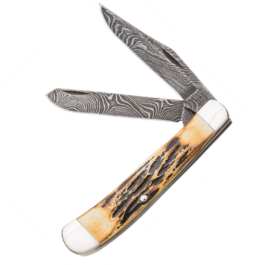 4-1/8″ Genuine India Stag Bone™ 2-Blade Trapper Damascus – 554D