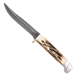 6 3/4 in.  SMALL GENUINE INDIA STAG BONE DAMASCUS HUNTER W/ LEATHER SHEATH – 563D