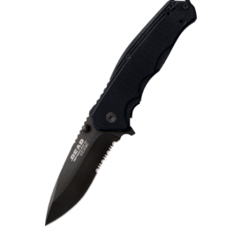 Pattern 102 |  4-1/2″ Black G10 Sideliner w/Trigger and Ball Bearing Partially Serrated Blade