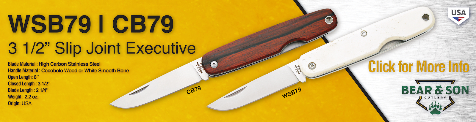 Bear & Son Cutlery - WSB79 CB79 3-1/2" Slip Join Executive Knife
